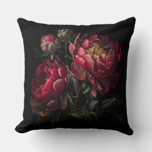 lush peony op een zwarte achtergrond werpt kussen 