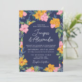 Lush Pink Yellow Flowers Dark Blue Wedding Kaart (Staand voorkant)