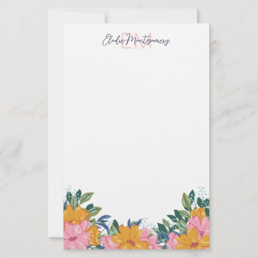 Lush Pink Yellow Flowers Name & Initial Briefpapier (Voorkant)