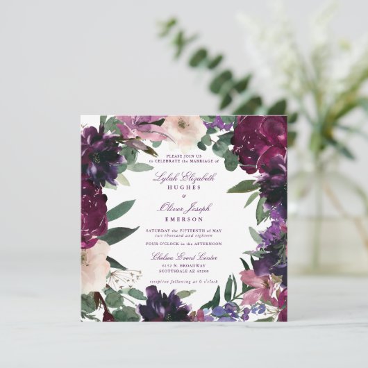 Lush Purple Flowers | Romantisch huwelijk Kaart (Staand voorkant)