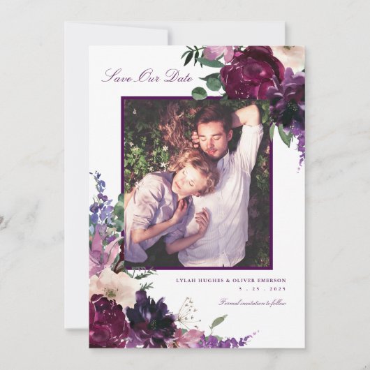 Lush Purple Flowers | Romantische foto bespaart on Aankondiging (Voorkant)