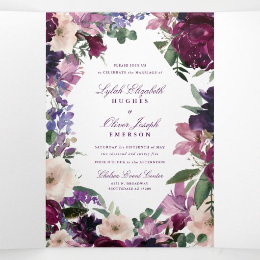 Lush Purple Flowers | Tri-Fold Wedding-uitnodiging Drieluik Uitnodiging (Binnenkant midden)