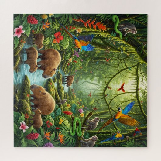 Lush rainforest scene teeming with capybaras legpuzzel (Horizontaal)