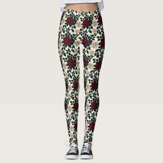 Lush Red And Burgundy Roses With Dark Green Leaves Leggings (Voorkant)