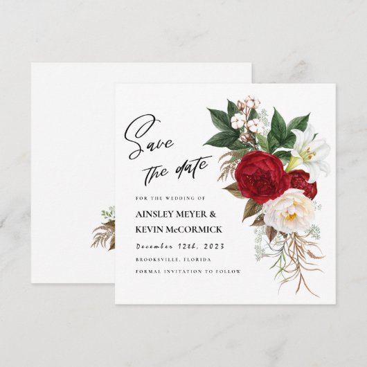 Lush Red Floral Monogram Wedding Save The Date (Voorkant / Achterkant)