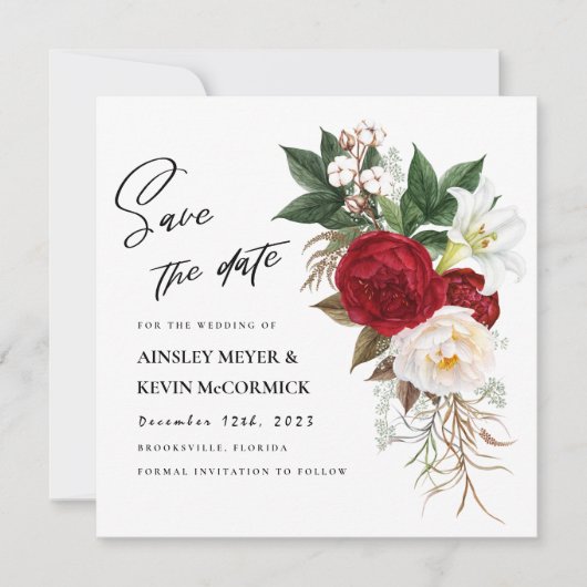 Lush Red Floral Monogram Wedding Save The Date (Voorkant)