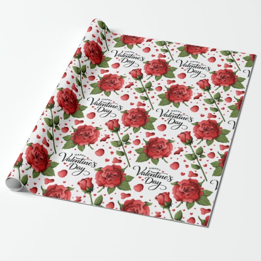 Lush Red Roses with Scattered Heart Petals Pattern Cadeaupapier (Uitgerold)