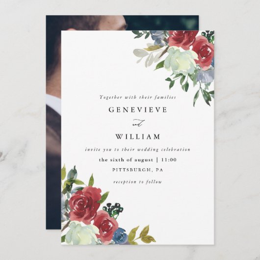 Lush Red Waterverf Floral Bouquet Photo Wedding (Voorkant / Achterkant)