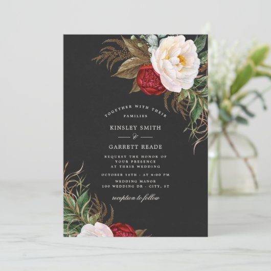 Lush Red Waterverf Peonies Floral Black Wedding Kaart (Staand voorkant)