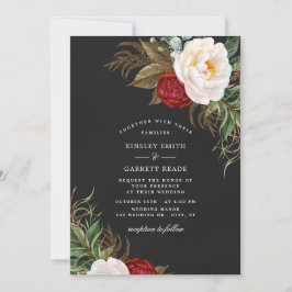 Lush Red Waterverf Peonies Floral Black Wedding Kaart