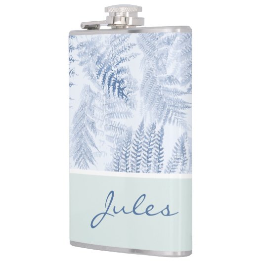 Lush Serene Blue Ferns op groen Heupfles (Links)