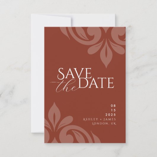 Lush Sienna Classic Script Damask Fotobruiloft Save The Date (Voorkant)