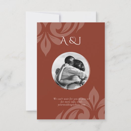 Lush Sienna Classic Script Damask Fotobruiloft Save The Date (Achterkant)