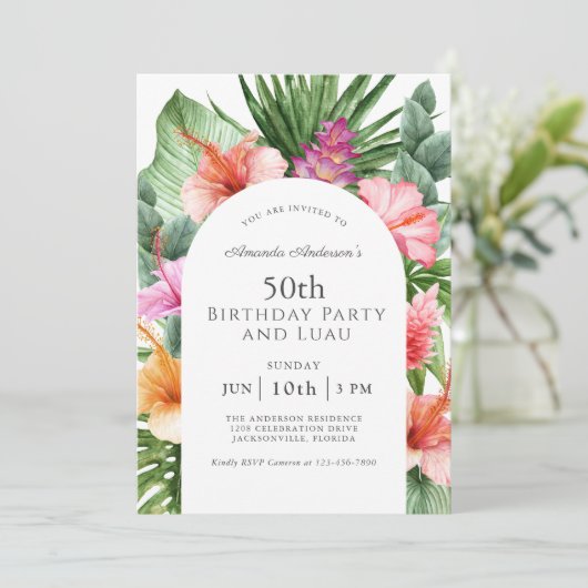 Lush Tropical Floral 50e Verjaardagsfeest en Luau Kaart (Staand voorkant)