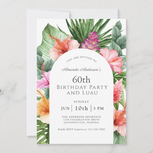 Lush Tropical Floral 60e Verjaardagsfeest en Luau Kaart (Voorkant)