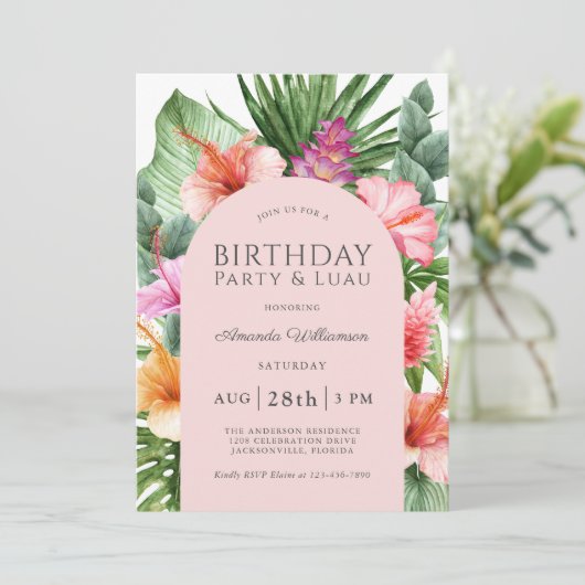 Lush Tropical Floral Birthday Party en Luau Kaart (Staand voorkant)