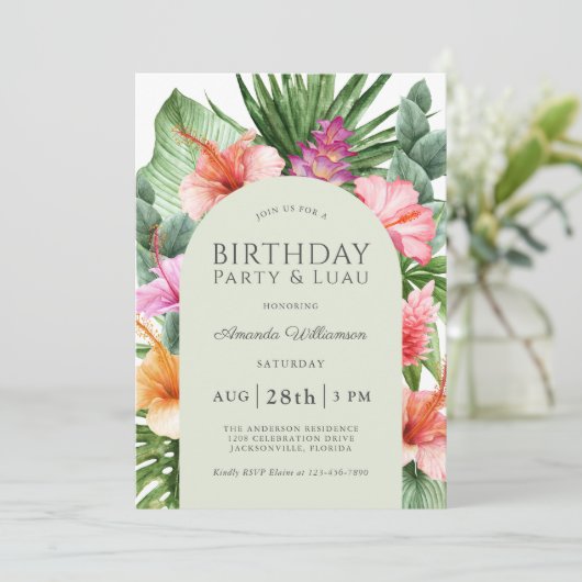 Lush Tropical Floral Birthday Party en Luau Kaart (Staand voorkant)
