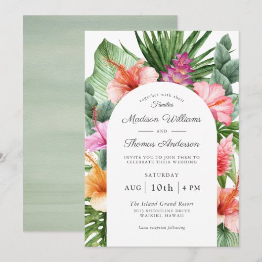 Lush Tropical Floral Waterverf Wedding Kaart (Voorkant / Achterkant)