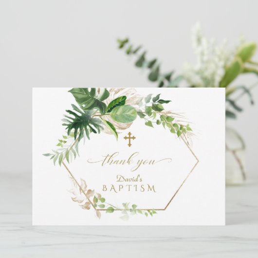 Lush Tropical Foliage Gold Cross Boy Baptisme Bedankkaart (Staand voorkant)