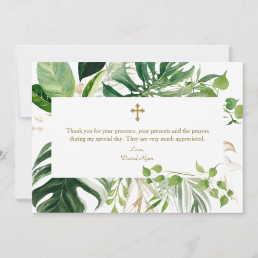 Lush Tropical Foliage Gold Cross Boy Baptisme Bedankkaart (Achterkant)