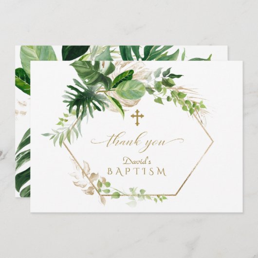 Lush Tropical Foliage Gold Cross Boy Baptisme Bedankkaart (Voorkant / Achterkant)