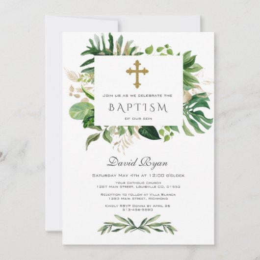 Lush Tropical Foliage Gold Cross Boy Baptisme Kaart (Voorkant)