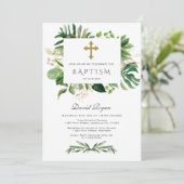 Lush Tropical Foliage Gold Cross Boy Baptisme Kaart (Staand voorkant)
