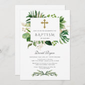 Lush Tropical Foliage Gold Cross Boy Baptisme Kaart (Voorkant / Achterkant)