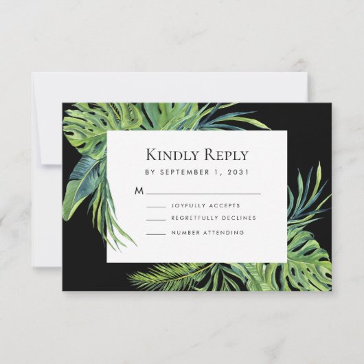 Lush Tropical Foliage Lijst Black Wedding RSVP (Voorkant)