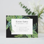 Lush Tropical Foliage Lijst Black Wedding RSVP Kaartje (Staand voorkant)