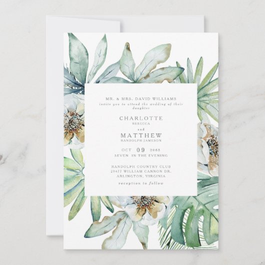 Lush Tropical Foliage Sage Wedding Invitation Kaart (Voorkant)