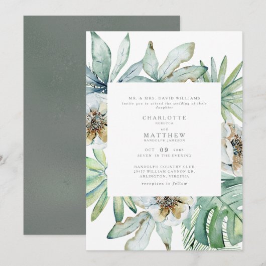 Lush Tropical Foliage Sage Wedding Invitation Kaart (Voorkant / Achterkant)