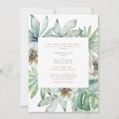 Lush Tropical Foliage White Wedding Invitation Kaart (Voorkant)