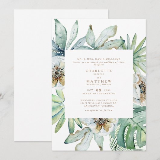 Lush Tropical Foliage White Wedding Invitation Kaart (Voorkant / Achterkant)