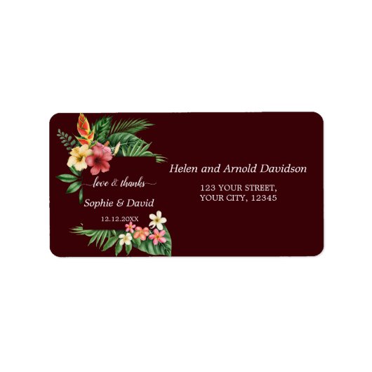 Lush Tropical Garden Flowers Deep Burgundy Wedding Etiket (Voorkant)