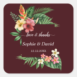 Lush Tropical Garden Flowers Deep Burgundy Wedding Vierkante Sticker