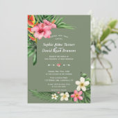 Lush Tropical Garden Flowers Sage Green Wedding Kaart (Staand voorkant)