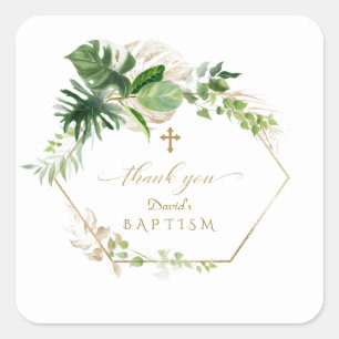 Lush Tropical Gold Leaves Gold Cross-Baptisme Vierkante Sticker