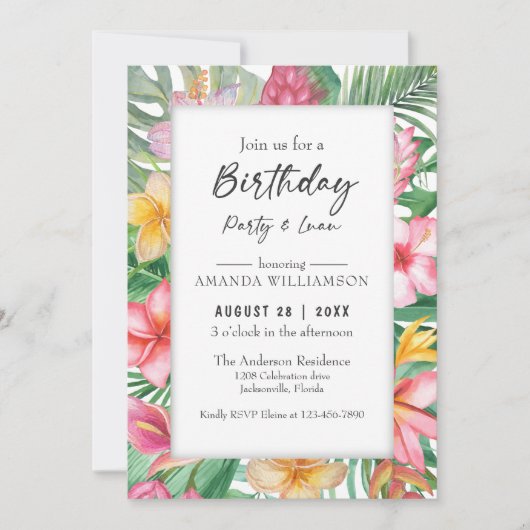 Lush Tropical Greenery Floral Birthday Party Luau Kaart (Voorkant)