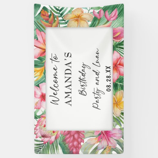 Lush Tropical Greenery Floral Birthday Party Luau Spandoek (Verticaal)
