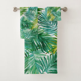 Lush Tropical Island Green Palm Leaf Watercolor  Bad Handdoek