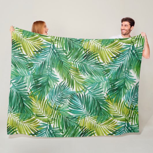 Lush Tropical Island Green Palm Leaf Watercolor  Fleece Deken (In situ)