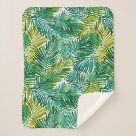 Lush Tropical Island Green Palm Leaf Watercolor  Sherpa Deken