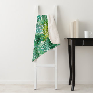 Lush Tropical Island Green Palm Leaf Watercolor Sherpa Deken