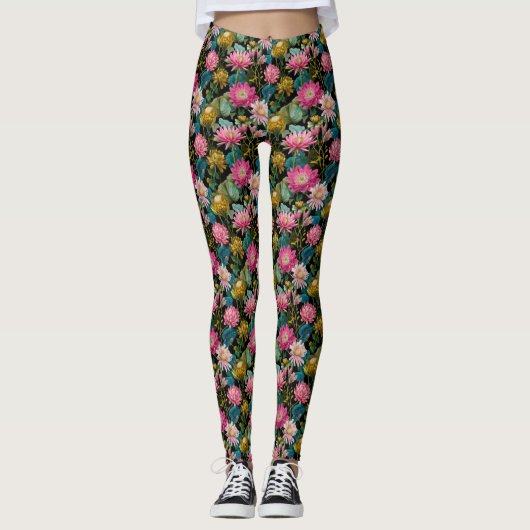 Lush Tropical Leaves Pink Exotic Flowers Botanical Leggings (Voorkant)