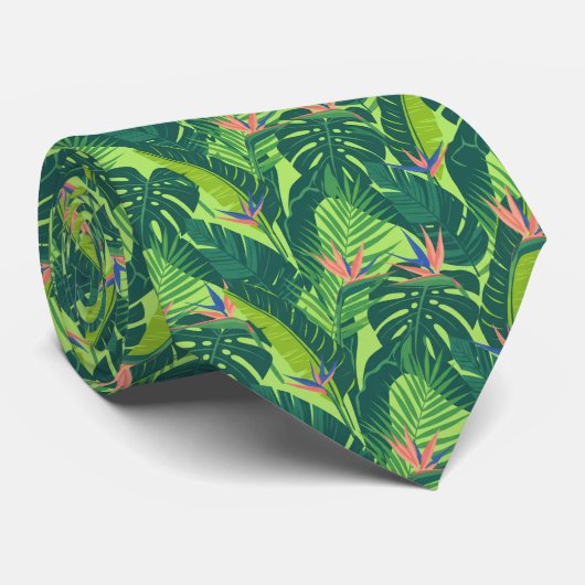 Lush Vibrant Tropical Leaf Monstera and Palm Stropdas (Opgerold)