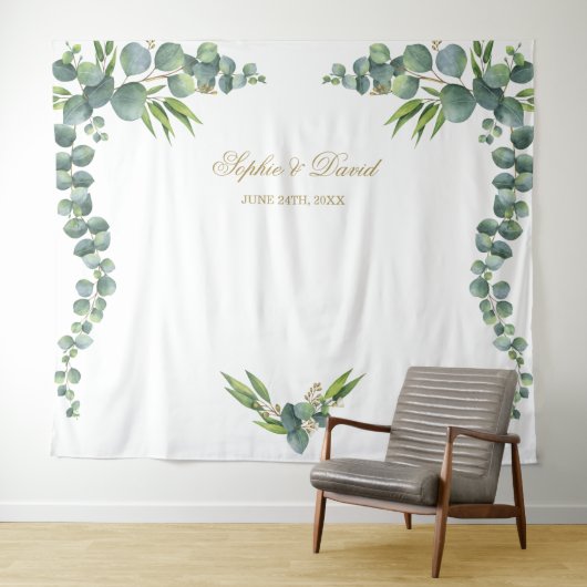 Lush Waterverf Eucalyptus Weddenschap Foto Booth Wandkleed (In Situ (horizontaal))