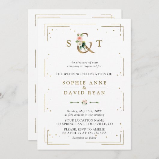 Lush Waterverf Greenery Geometric Wedding Kaart (Voorkant / Achterkant)