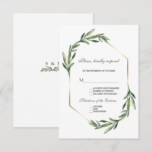Lush Waterverf Greenery Geometric Wedding RSVP Kaartje (Voorkant / Achterkant)