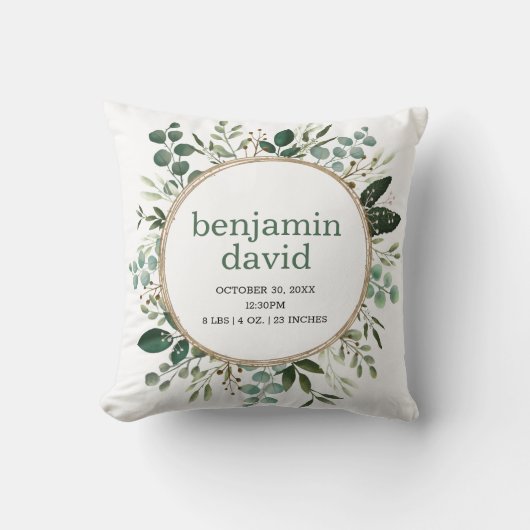Lush Waterverf Greenery Leaves Baby Birth Stats Kussen (Voorkant)